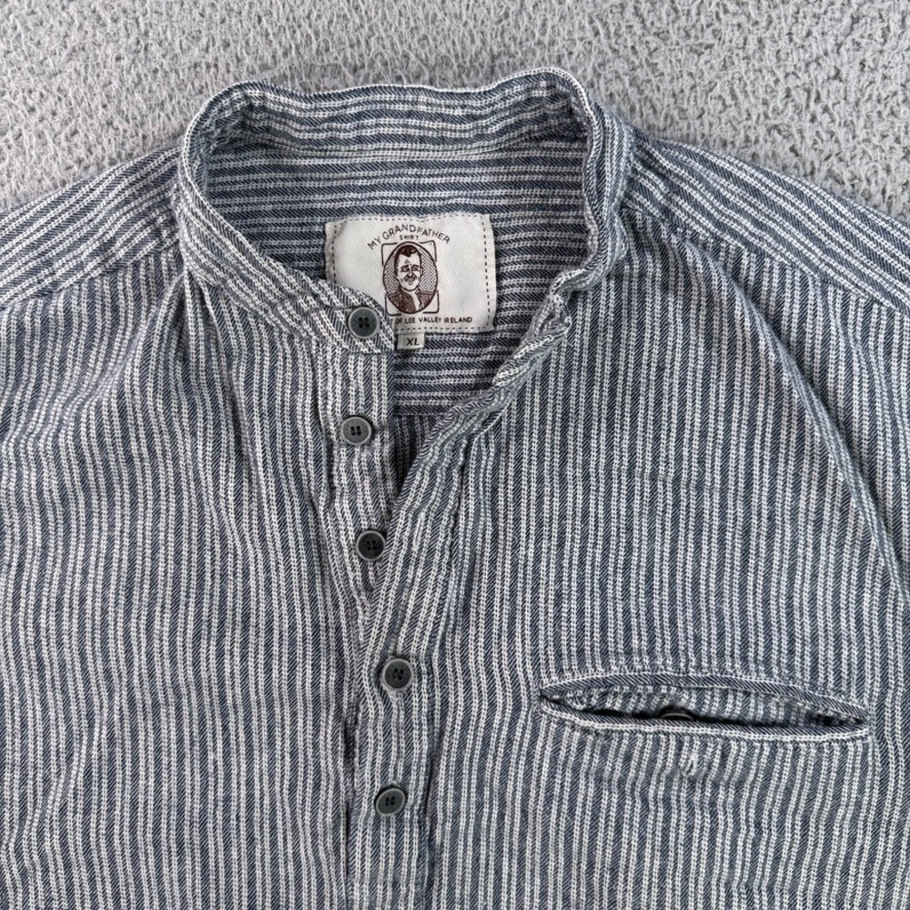 Lee Valley Ireland Grandfather Shirt Mens XL Blue Striped Cotton Banded Collar